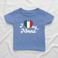Blue t-shirt with 'I love my Nonna' text and Italian flag heart design on a white background