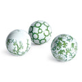 Imperial Orbs Set of 3 - handcrafted green and white chinoiserie ceramic spheres with coordinating patterns for elegant home décor