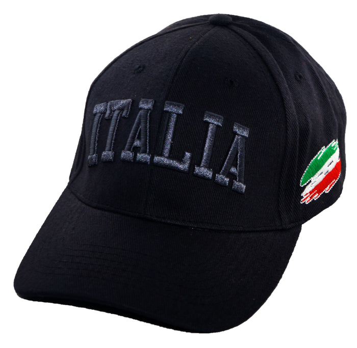 Black baseball cap featuring bold, all-caps “ITALIA” embroidery across the front in gray thread. A brushstroke design in green, white, and red—representing the Italian flag—adorns the side, making this cap a stylish tribute to Italian pride and heritage.