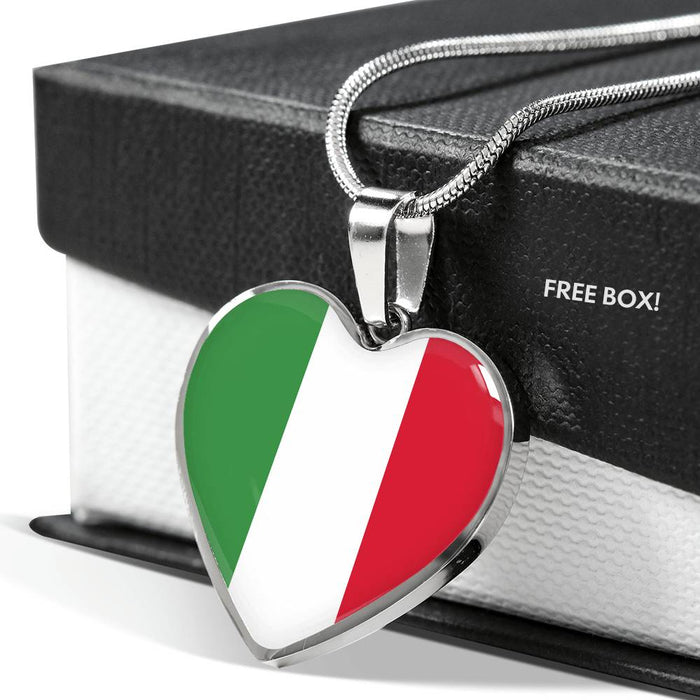 Italian Flag with Heart Pendant Necklace in Gold & Stainless Steel