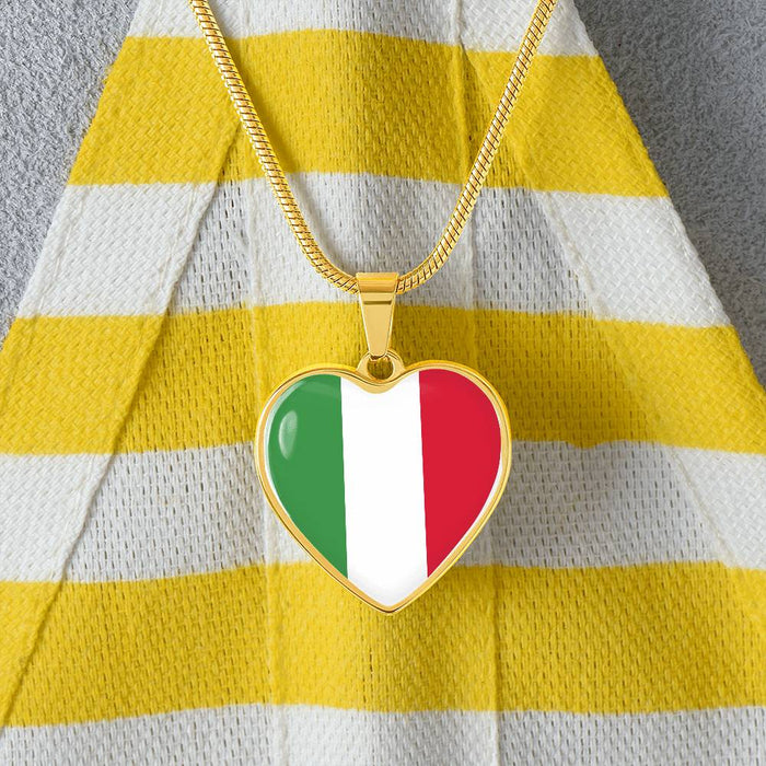 Italian Flag with Heart Pendant Necklace in Gold & Stainless Steel