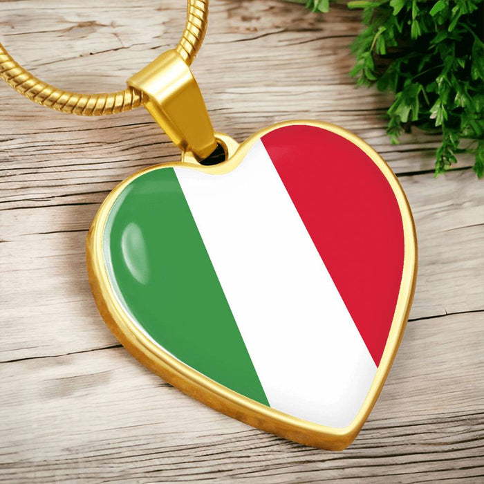 Italian Flag with Heart Pendant Necklace in Gold & Stainless Steel