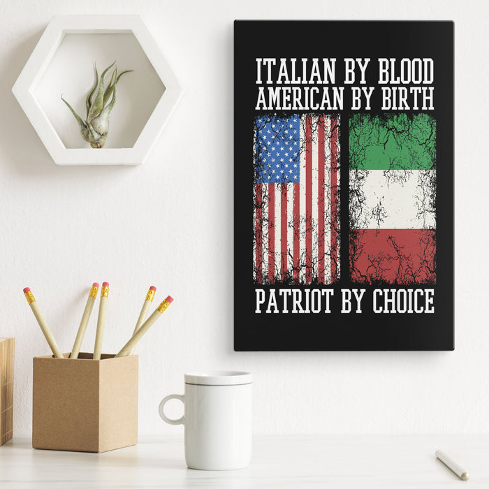Decorative wall art with Italian and American flags and text in a home office setting.