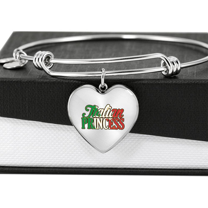 Italian Princess with Transparent Heart Charm Bangle in Gold & Stainless Steel
