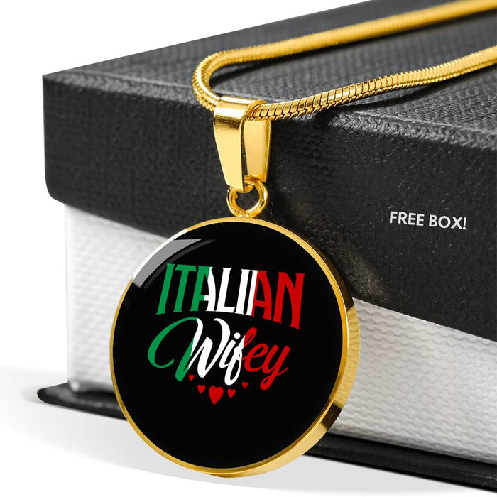 Italian Wifey With Circle Pendant Necklace in Gold & Stainless Steel