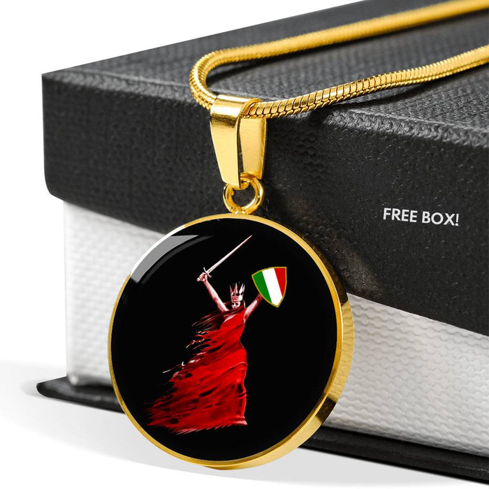 Italian Woman Warrior with Circle Pendant Necklace in Gold & Stainless Steel