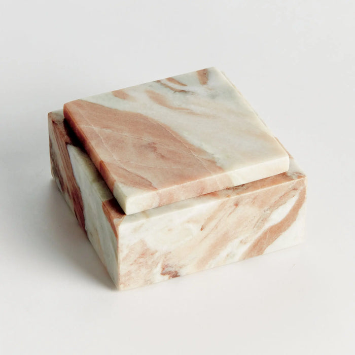 Jaqueline square marble lidded box with natural brown veining - Short