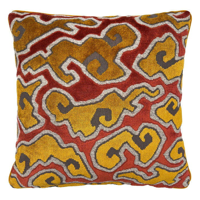 Linwood cushion in Kumo, Flame. Overhead view showing the full front design, featuring stylised clouds with a Japanese influence.