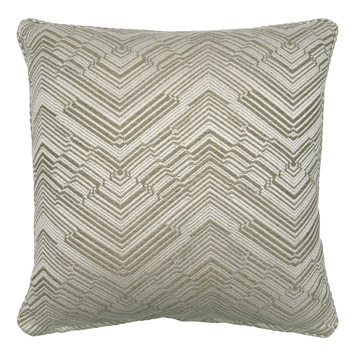 Linwood cushion in Leo Shell. Overhead view showing the full front design, featuring a bold zigzag pattern woven into a lustrous, silk jacquard fabric.
