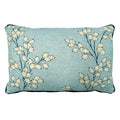 Linwood cushion in Lottie, Sky colourway. Overhead view showing the full front design, features a pattern that captures the simple beauty of honesty seedheads.