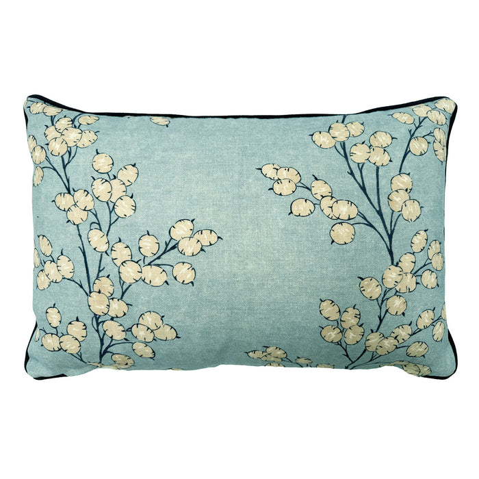 Back of Linwood cushion in Lottie, Sky. Overhead view of the reverse side, made in matching fabric.