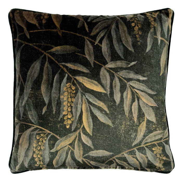 Back of Linwood cushion in Lumen Dusk. Overhead view of the reverse side, made in matching fabric.