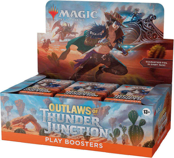 Card game booster pack for 'Outlaws of Thunder Junction' from 'Magic: The Gathering' with character artwork on the box.
