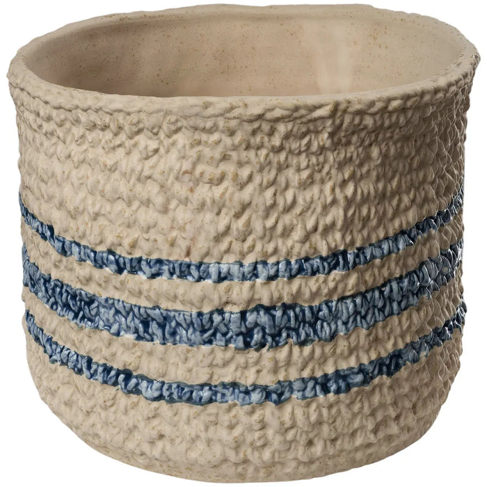 Textured beige pot with blue stripes on a white background