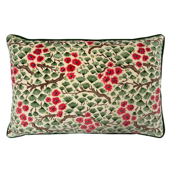Linwood cushion in Miyagi, Pink Green colour way. Overhead view showing the full front design, featuring delicate flowers and layered leaves.