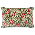 Linwood cushion in Miyagi, Pink Green colour way. Overhead view showing the full front design, featuring delicate flowers and layered leaves.
