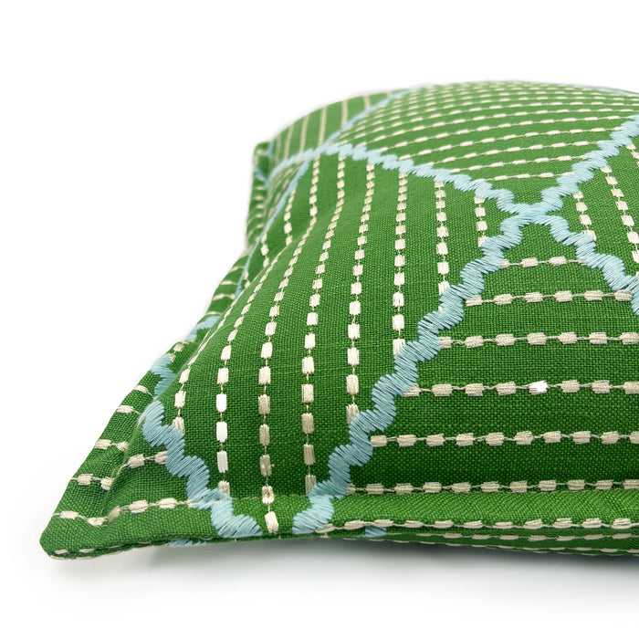 Green cushion with geometric blue pattern.