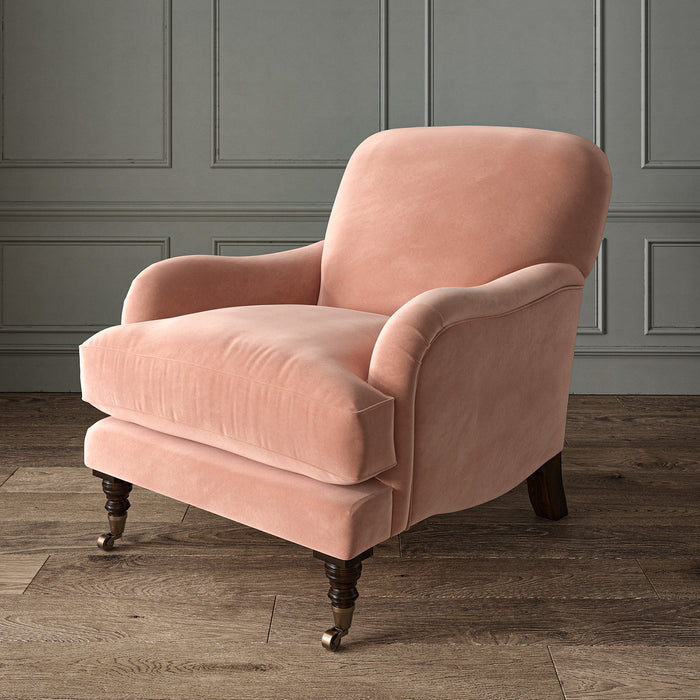 Pink eco velvet upholstery fabric on an armchair