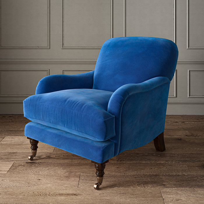 Blue eco velvet upholstery fabric on an armchair