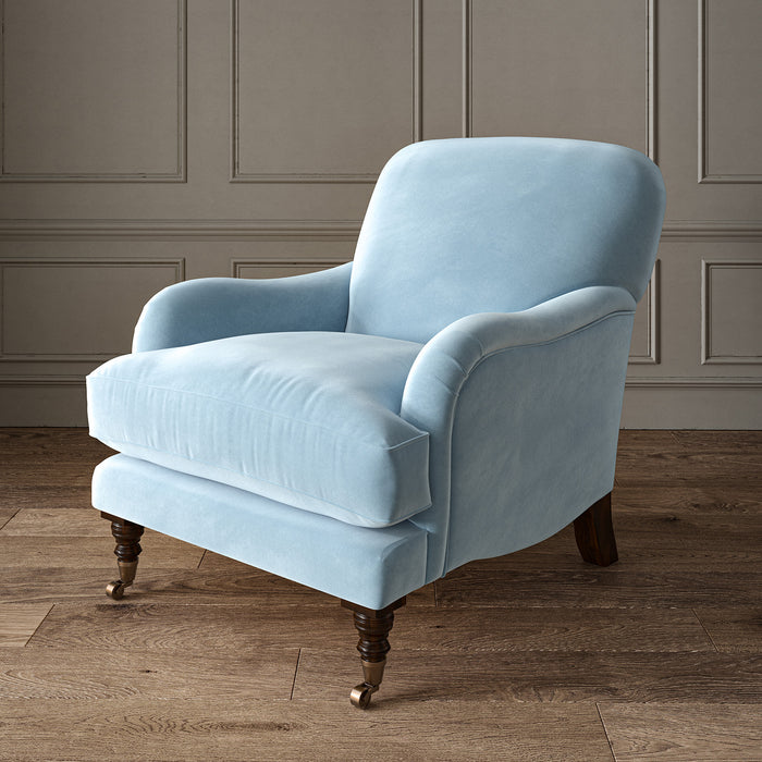 Blue eco velvet upholstery fabric on an armchair