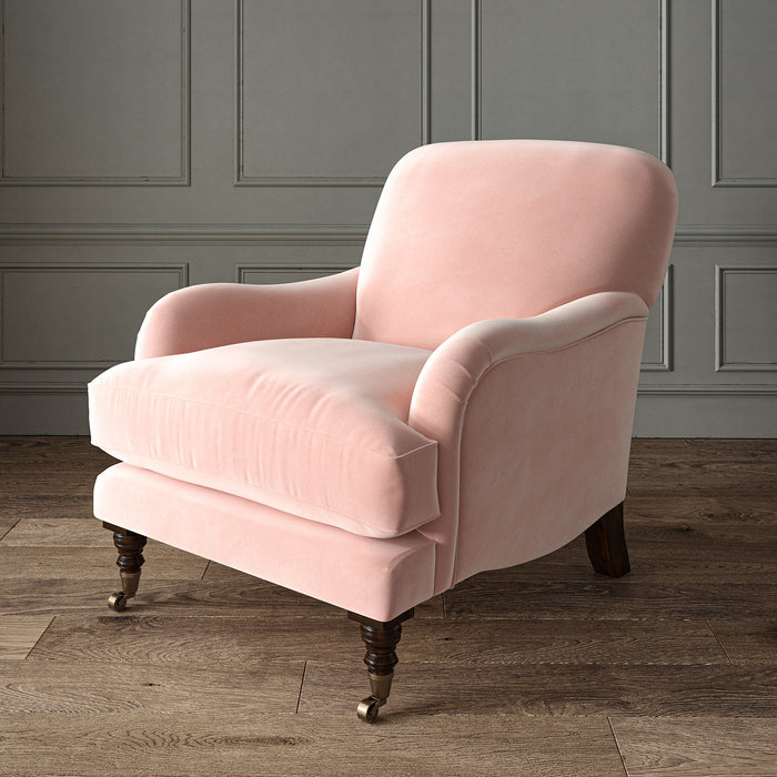 Pink eco velvet upholstery fabric on an armchair