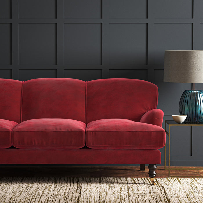 Red eco velvet upholstery fabric on a sofa