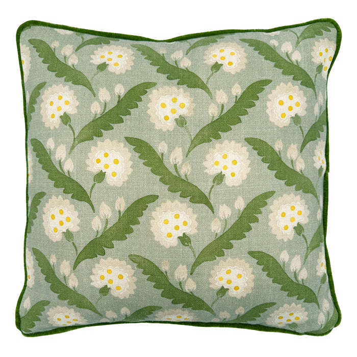 Linwood cushion in Polly, Moss colourway. Overhead view showing the full front design, features a stylised flower reminiscent of a dandelion.