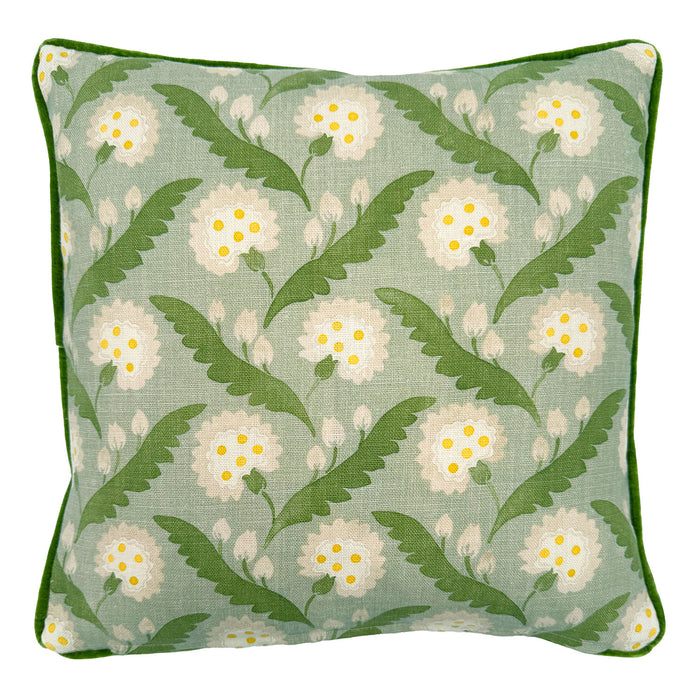 Back of Linwood cushion in Polly, Moss. Overhead view of the reverse side, made in matching fabric.