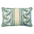 Linwood cushion in Polly Stripe, Lakeside  colourway. Overhead view showing the full front design, features a stylised dandelion framed by bands of complementary colour, edged with a playful, wavy line.
