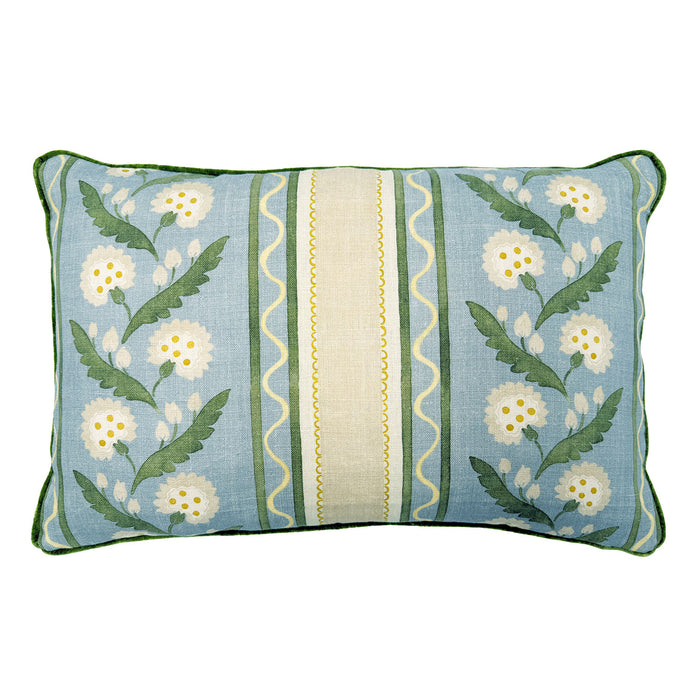 Linwood cushion in Polly Stripe, Lakeside  colourway. Overhead view showing the full front design, features a stylised dandelion framed by bands of complementary colour, edged with a playful, wavy line.