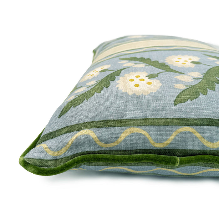 Close-up side view of Linwood cushion in Polly Stripe, Lakeside  showing fabric texture and piping in a luxurious green velvet.