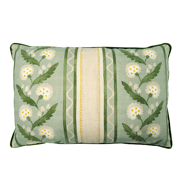 Linwood cushion in Polly, Stripe Moss colourway. Overhead view showing the full front design, features a stylised dandelion framed by bands of complementary colour, edged with a playful, wavy line.