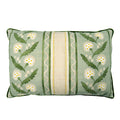 Linwood cushion in Polly, Stripe Moss colourway. Overhead view showing the full front design, features a stylised dandelion framed by bands of complementary colour, edged with a playful, wavy line.
