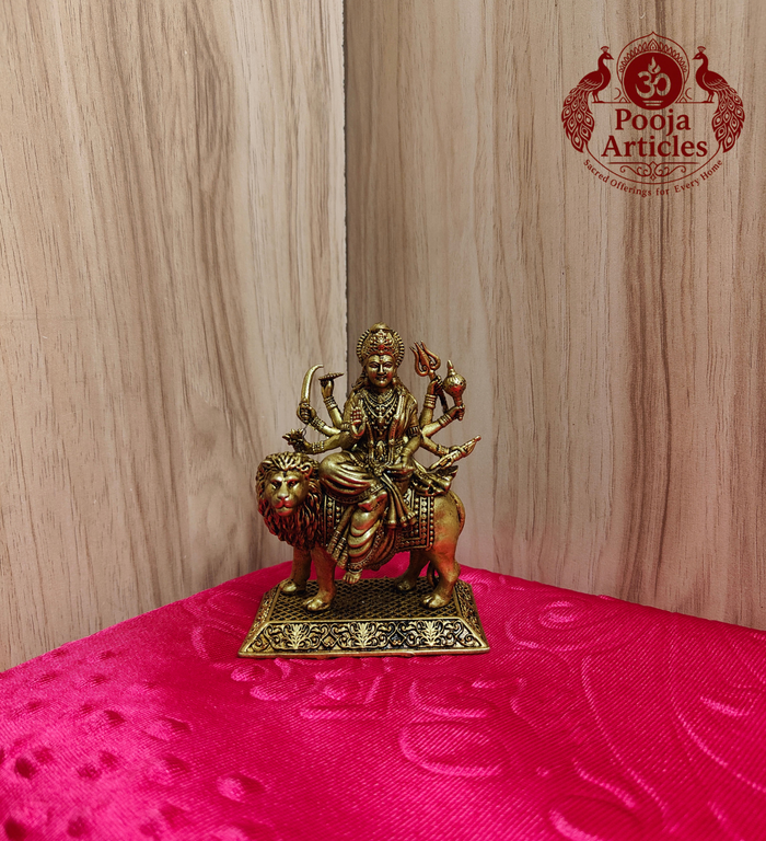 Brass Durga Devi statue with lion 4 inch Simhavahini