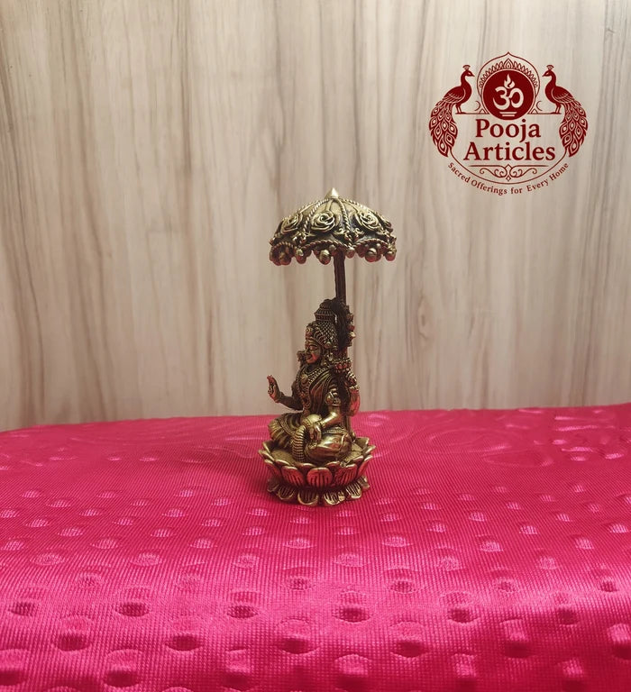 Premium Brass Mahalakshmi Idol with Chattra Umbrella 4.5 Inch