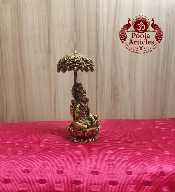 Premium Brass Mahalakshmi Idol with Chattra Umbrella 4.5 Inch