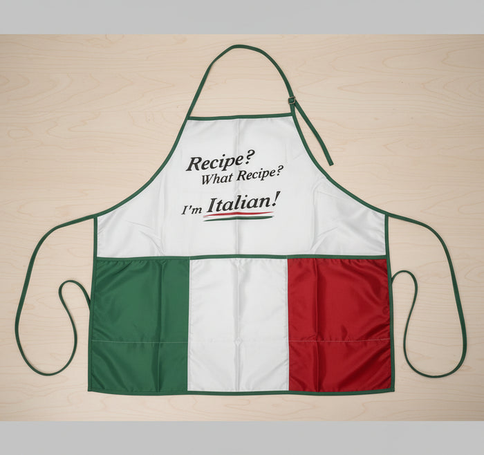 Apron with Italian flag design and text on a white background