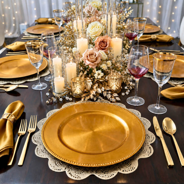 13" gold beaded charger plate, floral centerpiece, and candles