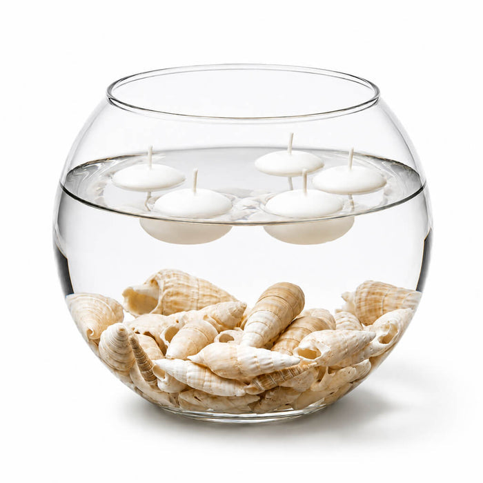 Glass bowl with floating candles and Conch Shell Vase Filler