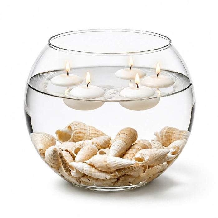 Glass bowl with floating candles and Conch Shell Vase Filler