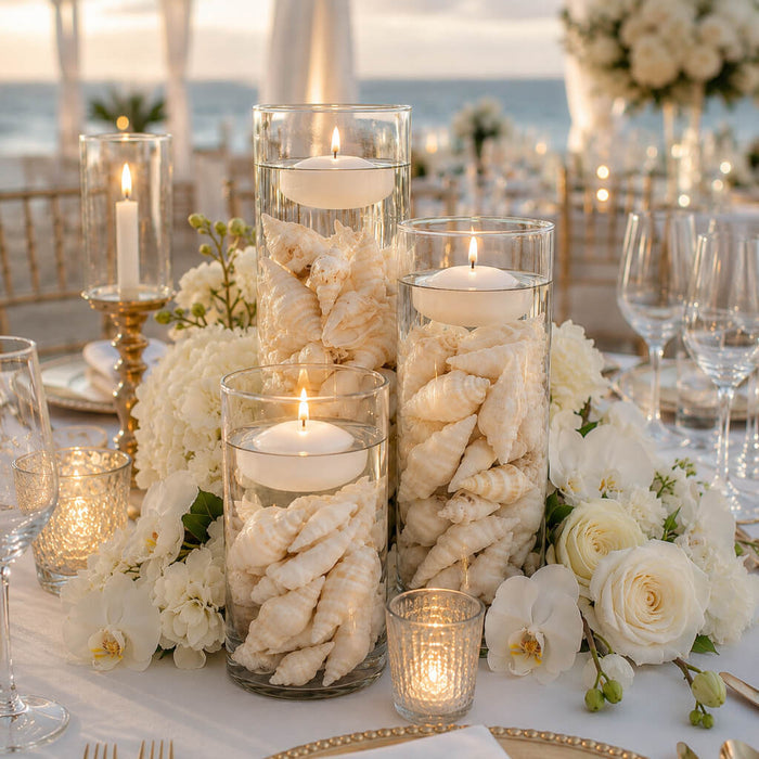 Cylinder vases with floating candles and Conch Shell Vase Filler as a beach wedding centerpiece
