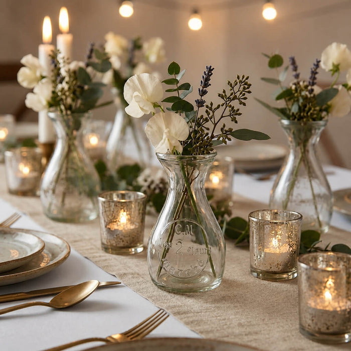 Clear Teardrop Glass Bud Vase with spring flowers on a wedding table