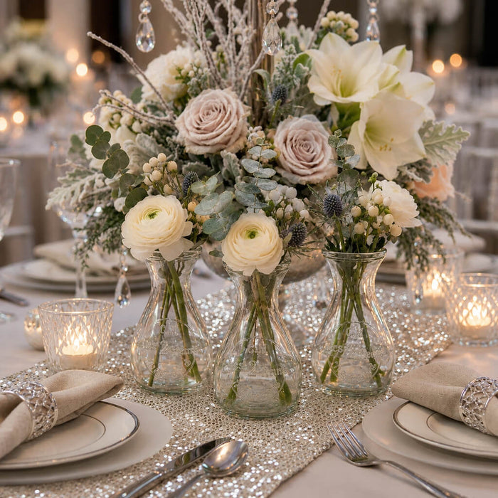 Clear Teardrop Glass Bud Vases with flowers on a luxury tablescape