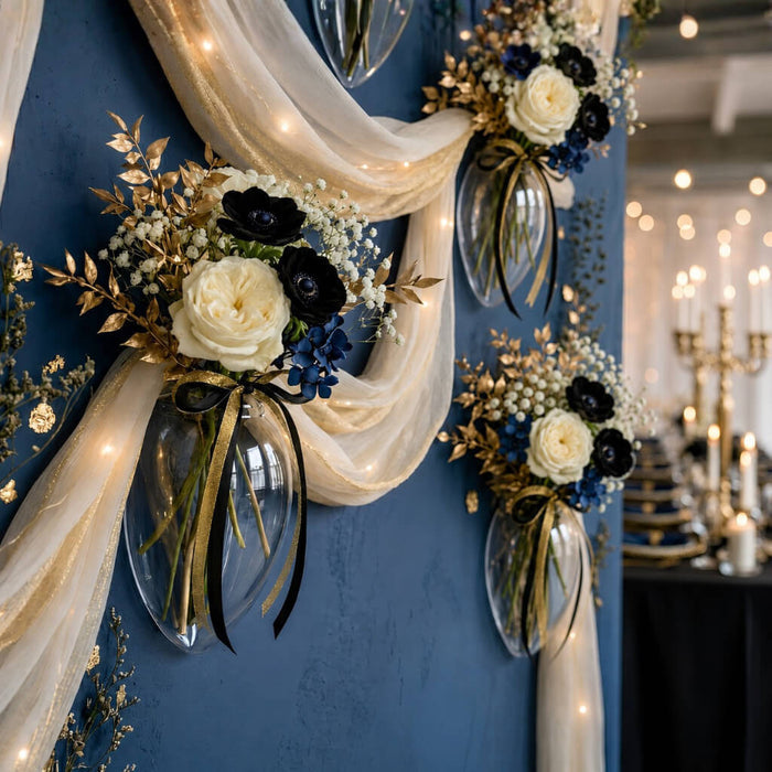 Haven Wall Vases with elegant floral arrangements on a dark blue wall