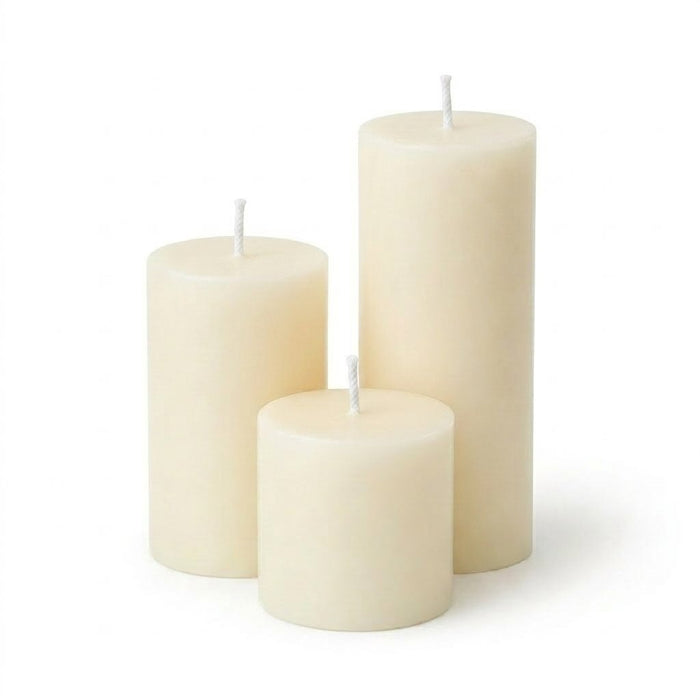 Three unlit light ivory pillar candles in assorted sizes on a white background