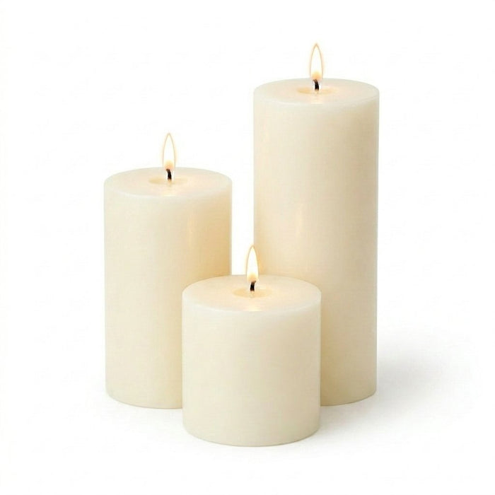 Three white candles of different sizes on a white background