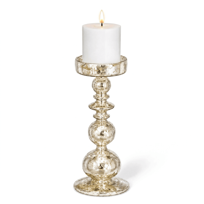 11" unique mercury bubble pillar candle holder with a lit white candle