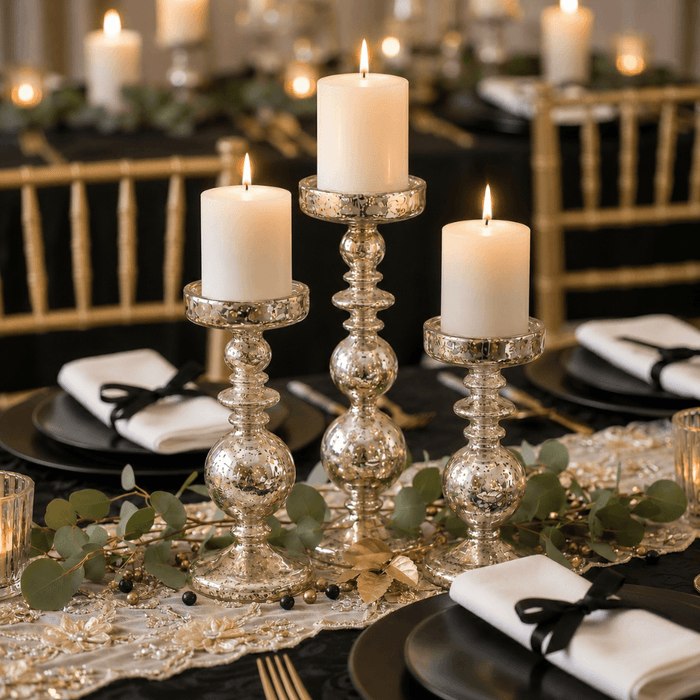 Unique mercury bubble pillar candle holders with lit candles on a black event tablescape