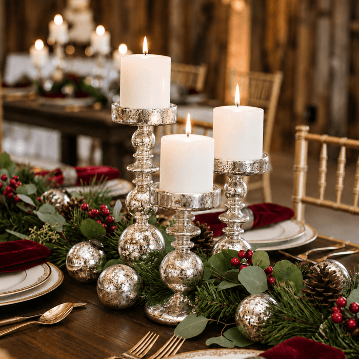 Unique mercury bubble pillar candle holders with lit candles on a winter-themed tablescape