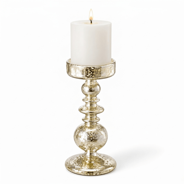 8.5" unique mercury bubble pillar candle holder with a lit white candle